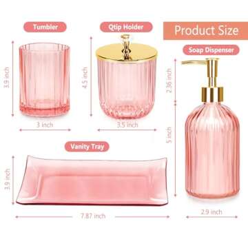 Haturi Bathroom Accessories Set, 4 Pcs Pink Glass Bathroom Accessories Sets Complete w/Lotion Soap D...