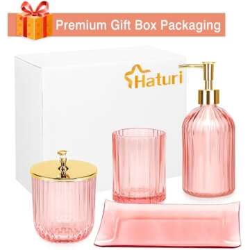 Haturi Bathroom Accessories Set, 4 Pcs Pink Glass Bathroom Accessories Sets Complete w/Lotion Soap Dispenser, Toothbrush Holder, Apothecary Jar, Vanity Tray, Bathroom Decor, Gift for Home Apartment