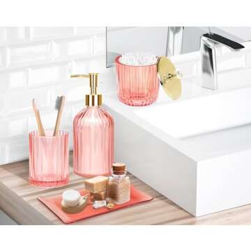 Haturi Bathroom Accessories Set, 4 Pcs Pink Glass Bathroom Accessories Sets Complete w/Lotion Soap Dispenser, Toothbrush Holder, Apothecary Jar, Vanity Tray, Bathroom Decor, Gift for Home Apartment