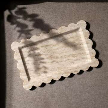 Natural 100% Marble Vanity Tray Luxury Scalloped Marble Storage Square Rectangle Tray for Home Decor Stone Tray for Bathroom Tray/Kitchen Tray/Candle Key Tray (Rectangle-11.8 * 7.4-Beige Travertine)