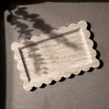 Natural 100% Marble Vanity Tray Luxury Scalloped Marble Storage Square Rectangle Tray for Home Decor Stone Tray for Bathroom Tray/Kitchen Tray/Candle Key Tray (Rectangle-11.8 * 7.4-Beige Travertine)