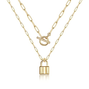 Turandoss Layered Lock Necklaces for Women, 14K Gold Plated Toggle Clasp Paperclip Chain Necklace Mi...