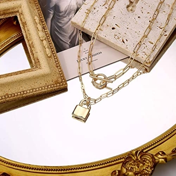Turandoss Layered Lock Necklaces for Women, 14K Gold Plated Toggle Clasp Paperclip Chain Necklace Mini Lock Pendant Necklace Gold Jewelry Padlock Link Chain Necklace for Women Jewelry Gifts