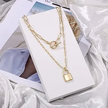 Turandoss Layered Lock Necklaces for Women, 14K Gold Plated Toggle Clasp Paperclip Chain Necklace Mini Lock Pendant Necklace Gold Jewelry Padlock Link Chain Necklace for Women Jewelry Gifts