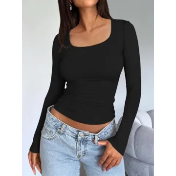 Trendy Queen Womens Long Sleeve Shirts Crop Tops Fall Fashion 2025 Square Neck Going Out Basics Tees Y2k Clothes Black 3XS