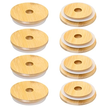 8 Pack Reusable Bamboo Mason Jar Lids with Straw Hole for Drinks and Snacks