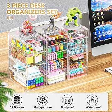 Acrylic 3 Pack Desk Organizers and Accessories, Makeup Organizer Storage With 15 Drawers, Desk Organizers, Clear Desk Accessories, Dustproof Drawer Organizer and Storage for Make Up, Jewelry, DIY Pen