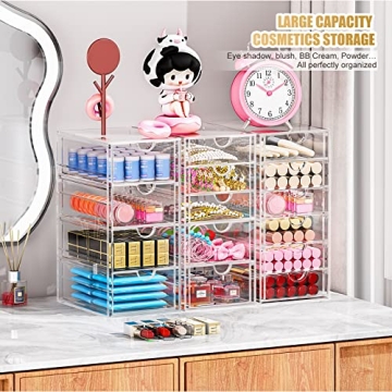 Acrylic 3 Pack Desk Organizers and Accessories, Makeup Organizer Storage With 15 Drawers, Desk Organizers, Clear Desk Accessories, Dustproof Drawer Organizer and Storage for Make Up, Jewelry, DIY Pen