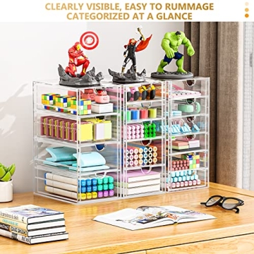 Acrylic 3 Pack Desk Organizers and Accessories, Makeup Organizer Storage With 15 Drawers, Desk Organizers, Clear Desk Accessories, Dustproof Drawer Organizer and Storage for Make Up, Jewelry, DIY Pen