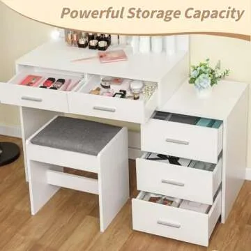 usikey 43.5in Large Vanity Desk with Mirror and 10 LED Lights, Makeup Vanity Table with Lights and 5 Drawers, White Vanity Table Vanity Set with Storage Shelves and Stool for Women Girls, White