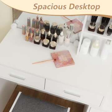 usikey 43.5in Large Vanity Desk with Mirror and 10 LED Lights, Makeup Vanity Table with Lights and 5 Drawers, White Vanity Table Vanity Set with Storage Shelves and Stool for Women Girls, White