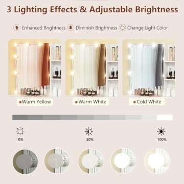 usikey 43.5in Large Vanity Desk with Mirror and 10 LED Lights, Makeup Vanity Table with Lights and 5 Drawers, White Vanity Table Vanity Set with Storage Shelves and Stool for Women Girls, White