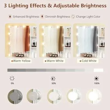 usikey 43.5in Large Vanity Desk with Mirror and 10 LED Lights, Makeup Vanity Table with Lights and 5 Drawers, White Vanity Table Vanity Set with Storage Shelves and Stool for Women Girls, White