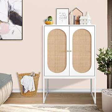 Recaceik Ratten Sideboard Buffet Cabinet/Console Table, Natural Accent Storage Cabinet with 2 Ratten Doors and Metal Legs, Rustic Wood Sideboard Furniture for Living Room, Bed Room, Kitchen, Hallway