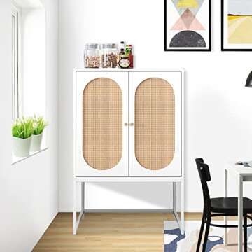 Recaceik Ratten Sideboard Buffet Cabinet/Console Table, Natural Accent Storage Cabinet with 2 Ratten Doors and Metal Legs, Rustic Wood Sideboard Furniture for Living Room, Bed Room, Kitchen, Hallway