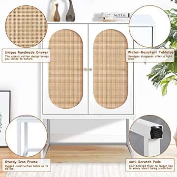 Recaceik Ratten Sideboard Buffet Cabinet/Console Table, Natural Accent Storage Cabinet with 2 Ratten Doors and Metal Legs, Rustic Wood Sideboard Furniture for Living Room, Bed Room, Kitchen, Hallway