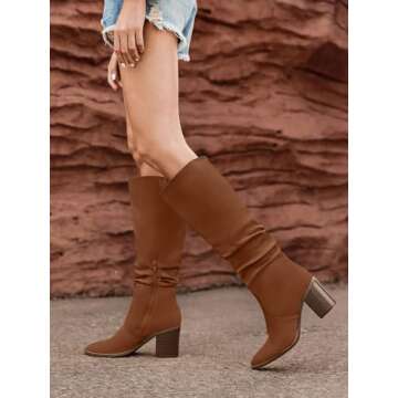 Huiyuzhi Womens Pointed Toe Knee High Boots Mid Chunky Heel Faux Suede Side Zipper Riding Booties