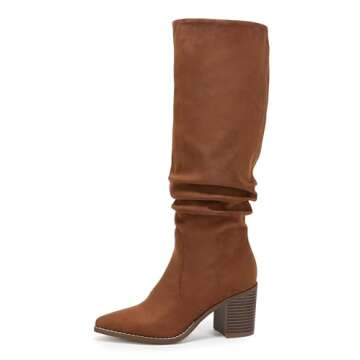 Huiyuzhi Womens Pointed Toe Knee High Boots Mid Chunky Heel Faux Suede Side Zipper Riding Booties