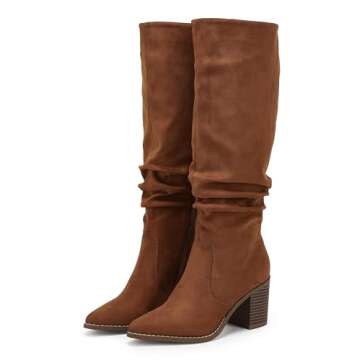 Huiyuzhi Womens Pointed Toe Knee High Boots Mid Chunky Heel Faux Suede Side Zipper Riding Booties