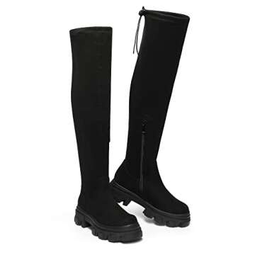 DREAM PAIRS Women's Over The Knee Platform Thigh High Boots Long Stretch Soft Chunky Lug Sole Fall Boots,Size 6.5,Black/Suede,SDOB222W