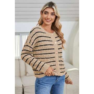 Pink Queen Women's Stripe Button Up Crewneck Cardigan Sweaters Casual Relaxed Fit Long Sleeve Cable ...