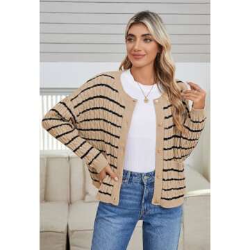Pink Queen Women's Stripe Button Up Crewneck Cardigan Sweaters Casual Relaxed Fit Long Sleeve Cable Color Contrast Sweater Cardigan with Pockets Khaki S