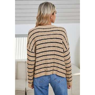 Pink Queen Women's Stripe Button Up Crewneck Cardigan Sweaters Casual Relaxed Fit Long Sleeve Cable Color Contrast Sweater Cardigan with Pockets Khaki S