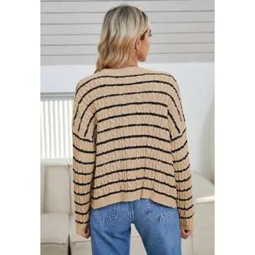 Pink Queen Women's Stripe Button Up Crewneck Cardigan Sweaters Casual Relaxed Fit Long Sleeve Cable Color Contrast Sweater Cardigan with Pockets Khaki S
