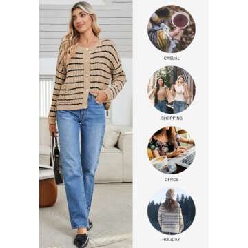 Pink Queen Women's Stripe Button Up Crewneck Cardigan Sweaters Casual Relaxed Fit Long Sleeve Cable Color Contrast Sweater Cardigan with Pockets Khaki S