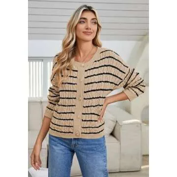 Pink Queen Women's Stripe Button Up Crewneck Cardigan Sweaters Casual Relaxed Fit Long Sleeve Cable Color Contrast Sweater Cardigan with Pockets Khaki S