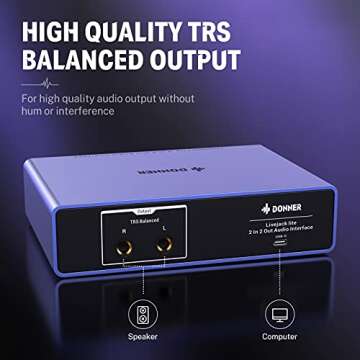 Audio Interface Donner Livejack Lite 2 In 2 Out, USB Audio Interfaces, 24-bit/192 kHz Sound Card with Headphone Amplifier, TRS balanced Audio Interface for PC/Win/Mac