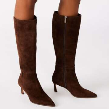 MICIFA Brown Kitten Heel Knee High Boots for Women Tall Suede Leather Boots Stiletto Pointed Toe Gog...