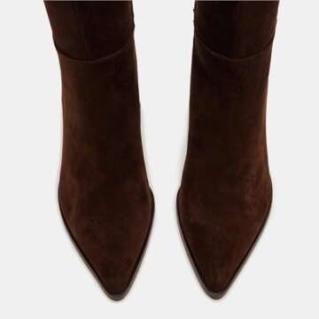 MICIFA Brown Kitten Heel Knee High Boots for Women Tall Suede Leather Boots Stiletto Pointed Toe Gogo Tall Boots Cherry Wine Red Dress Boots