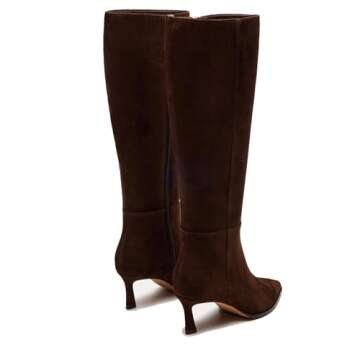 MICIFA Brown Kitten Heel Knee High Boots for Women Tall Suede Leather Boots Stiletto Pointed Toe Gogo Tall Boots Cherry Wine Red Dress Boots