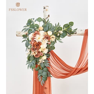 Fsslower Wedding Arch Flowers with Drape Kit(Pack of 3) - 2pcs Artificial Flower Swag with 1pcs Draping Fabric for Wedding Ceremony Arbor and Reception Backdrop Decoration (Terracotta)