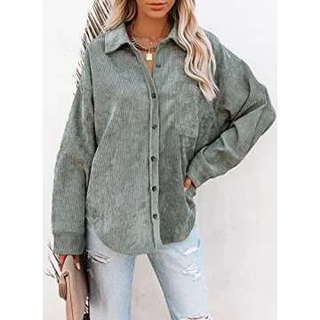 Astylish Womens Long Sleeve Button Up Pocket Shirts Ladies Loose Fit Corduroy Tunic Blouse Tops Gray...