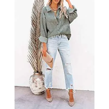 Astylish Womens Long Sleeve Button Up Pocket Shirts Ladies Loose Fit Corduroy Tunic Blouse Tops Gray M