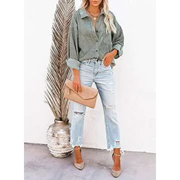 Astylish Womens Long Sleeve Button Up Pocket Shirts Ladies Loose Fit Corduroy Tunic Blouse Tops Gray M