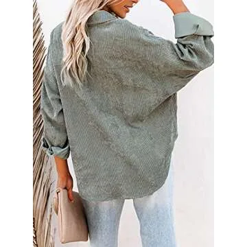 Astylish Womens Long Sleeve Button Up Pocket Shirts Ladies Loose Fit Corduroy Tunic Blouse Tops Gray M
