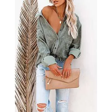Astylish Womens Long Sleeve Button Up Pocket Shirts Ladies Loose Fit Corduroy Tunic Blouse Tops Gray M