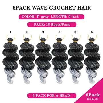 Ocean Wave Crochet Hair - 9 Inch 6 Packs Crochet Hair For Black Women, Ombre Gray Deep Twist Crochet Hair Ocean Wave Synthetic Braiding Hair Extensions