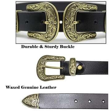 ALAIX Fashion Women's Belt Western Vintage Style Genuine Leather Belt Two Buckles Waist Belts for Jeans Dress Pants Gold