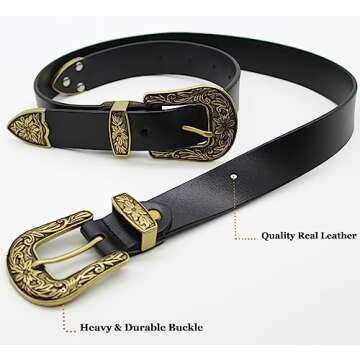 ALAIX Fashion Women's Belt Western Vintage Style Genuine Leather Belt Two Buckles Waist Belts for Jeans Dress Pants Gold