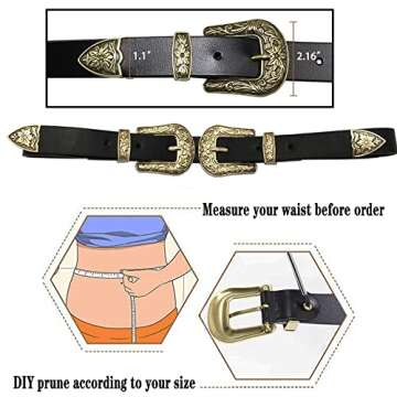 ALAIX Fashion Women's Belt Western Vintage Style Genuine Leather Belt Two Buckles Waist Belts for Jeans Dress Pants Gold