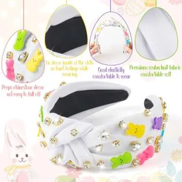PANTIDE Easter Bunny Jeweled Knotted Headband - Peeps Rabbit Rhinestone Crystal Embellished Headband Wide Top Knot Fashion Hairband Hair Accessories Easter Spring Birthday Gift for Women Girls (White)