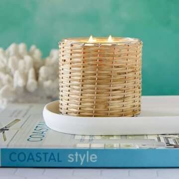 Field + Fleur by Hillhouse Naturals Sea Salt 2 Wick Woven Glass Candle - Eco-Friendly Luxury with La...