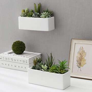 MyGift 10 Inch Modern Matte White Rectangular Ceramic Wall Mounted Succulent Planter Boxes, Indoor H...