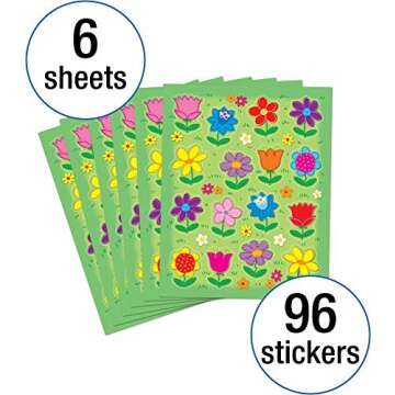 Carson Dellosa 96 Flower Stickers for Kids, 6 Sheets of Sunflowers, Tulips, Daisies, and More for Sp...