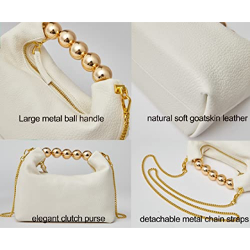 DORIS&JACKY Small Top Handle Clutch Bag Women Designer Goatskin Crossbody Purse With Pearl Handle And Detachable Metal Chain (White)