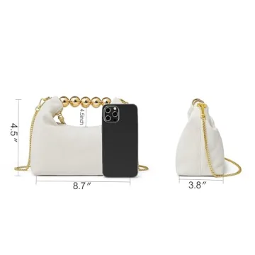 DORIS&JACKY Small Top Handle Clutch Bag Women Designer Goatskin Crossbody Purse With Pearl Handle And Detachable Metal Chain (White)